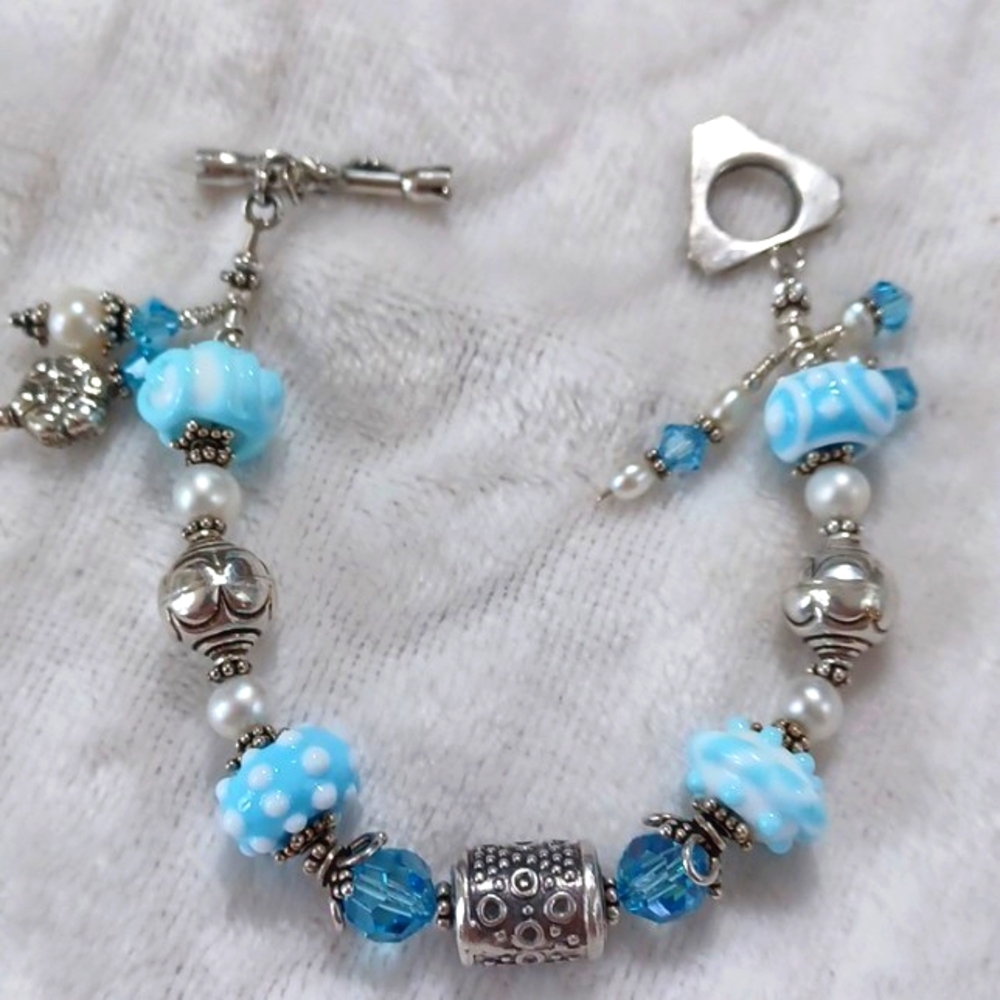 Ivana DiVia Blue Sterling  Silver 925 Beaded Charm Bracelet 8 Inch - Picture 4 of 10